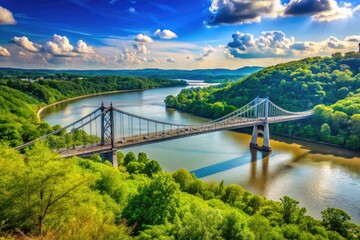 Scenic Suspension Bridge Over The Ohio River Connecting Kentucky And Indiana, With Lush Greenery And Clear Blue Sky In The Background