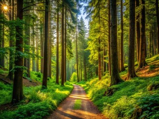 Obraz premium Scenic View Of A Forest Trail Winding Through Lush Greenery And Towering Trees, Leading Into A Distant Horizon