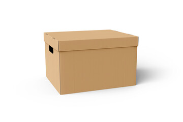 brown Cardboard box with lid isolated on white background. paper packaging mockup