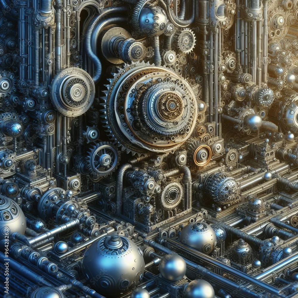 Poster an intricate steampunk illustration showcasing a complex assembly of gears and machinery. the detail