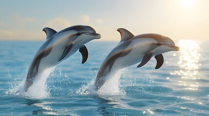 Fototapeta premium Two ocean of a shining. is and other sun the be the vibrant are each out and water touching appear blue, with noses. synchronized facing dolphins they the manner. clear to sky is in leaping the a