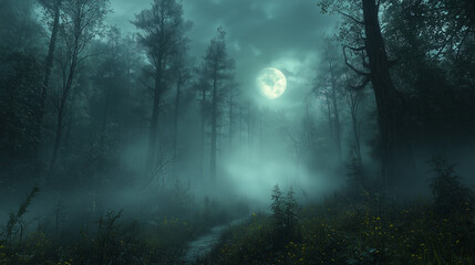Obraz premium A dark, eerie forest with twisted trees and thick fog, illuminated by faint moonlight, creating a chilling and unsettling atmosphere
