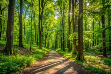 Fototapeta premium Serene forest landscape with winding dirt trail, lush greenery, and towering trees casting dappled shadows in the Shallenberger Nature Preserve on a warm summer day.
