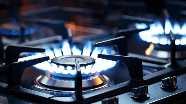 Close-up of a gas stove burner with a visible blue flame, representing home cooking, energy, and kitchen safety. Suitable for articles about energy, safety, and cooking appliances