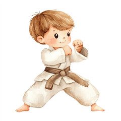cute kid playing karate watercolor clipart © yuniazizah