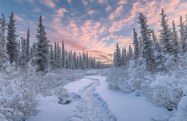 Obraz premium A tranquil trail covered in snow meanders through tall pine trees as the sky glows with pastel colors at sunset