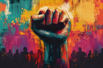 A powerful representation of a raised fist emerges from a dynamic and colorful background, symbolizing unity and resistance amid a silhouetted crowd. This artwork captures the spirit of activism.