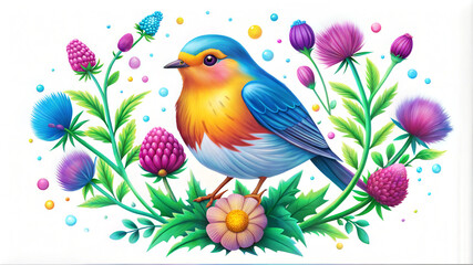 Vibrant illustration of a colorful bird surrounded by flowers and playful elements in a lively setting
