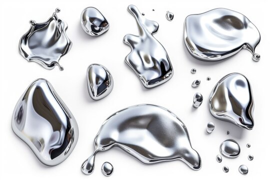 Various shapes of reflective silver liquid droplets and blobs