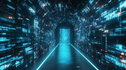 Digital Tunnel with Neon Lights and Binary Code