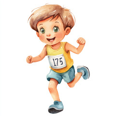 cute kid playing Marathon watercolor clipart