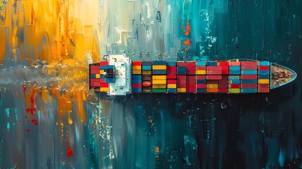 An aerial view of a large cargo ship with colorful containers, painted in an abstract style.