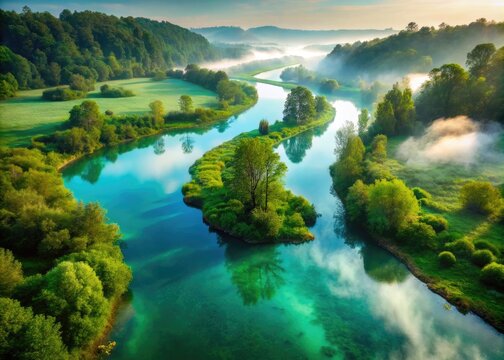 Serene landscape of a tranquil river bifurcation, where turquoise waters diverge into two distinct channels, surrounded by lush green vegetation and misty morning atmosphere.
