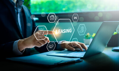 Businessman Using Digital Interface to Analyze Leasing Options and Financial Agreements for Property and Vehicles, Featuring Icons for Finance, Contract Management, and Investment Planning