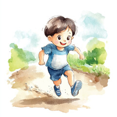 cute kid playing Marathon watercolor clipart