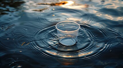 Plastic cup floating in water depicting environmental pollution and marine conservation issues