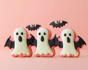 Obraz premium Colorful ghost cookies adorned with bat decorations, ideal for Halloween celebrations and festive treats.