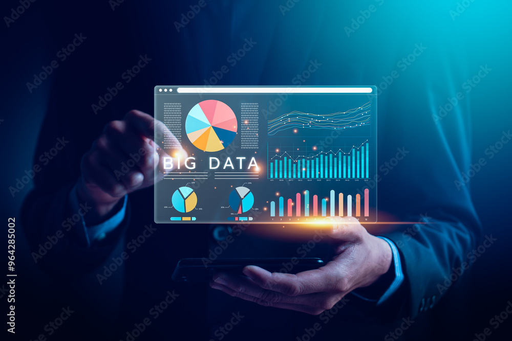 Aufkleber businessman analyzing big data analytics on virtual screen with graphs and charts, representing data