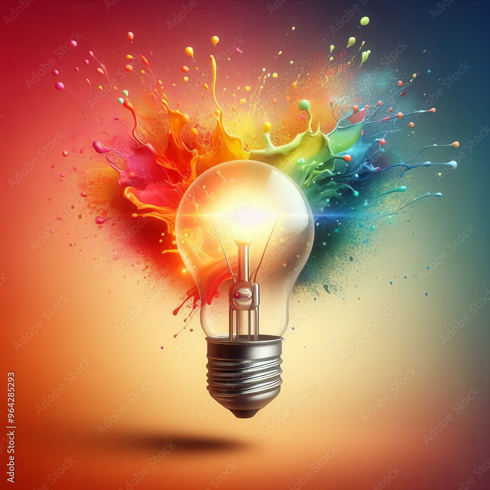 Poster a glowing light bulb with a vibrant splash of multicolored paint, symbolizing creativity and innovat