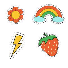 Y2k style stickers. stickers set retro style. Vector stickers of flower, strawberry, rainbow. Pop Art Graphic Elements.
