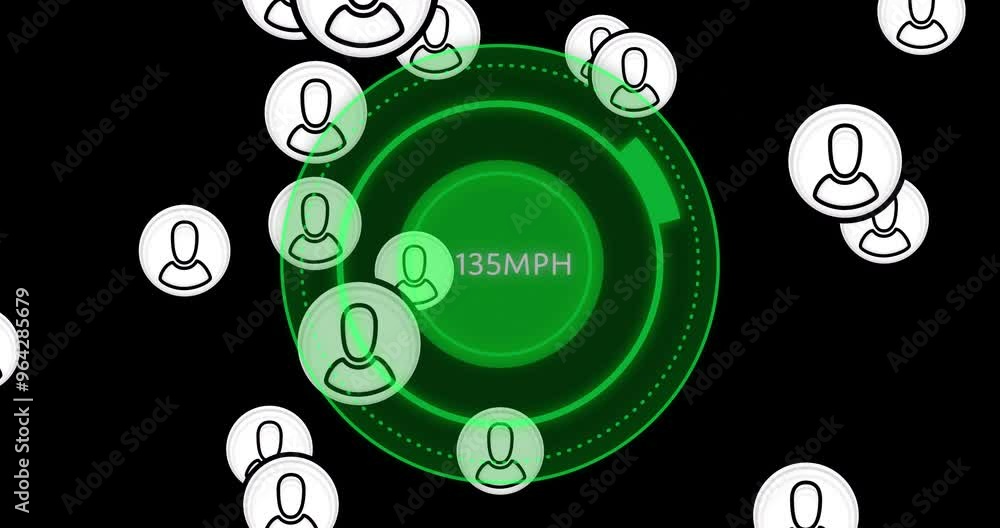 Poster animation of digital people icons and data processing over speedometer on black background