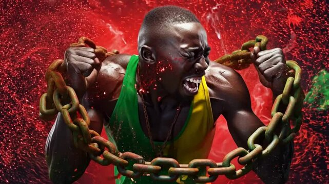 Strong powerful black man breaking free from chains. Slavery, slave trade or abolition concept. Banner for juneteenth, black history month or keti koti. Freedom Day