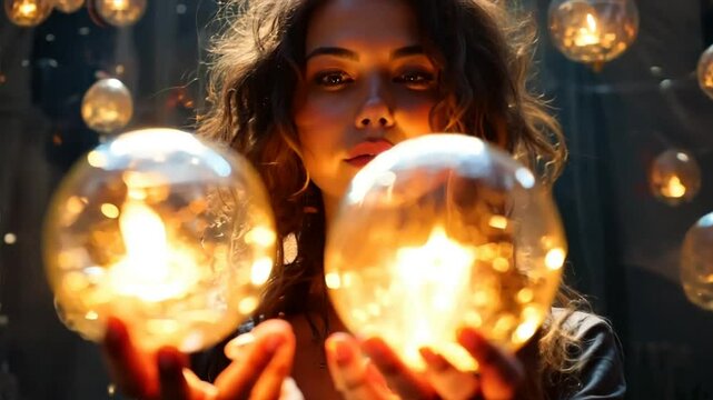 Woman manifesting and pulling bubbles of thoughts, law of attraction, telekineses or manifestation concept	
