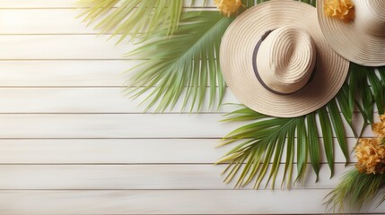 Touristic beach hat, tropical leaf and underwater sea props on light background. Neural network ai generated art