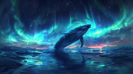 A majestic whale breaches the surface under a colorful aurora, creating a stunning natural spectacle in a calm ocean.