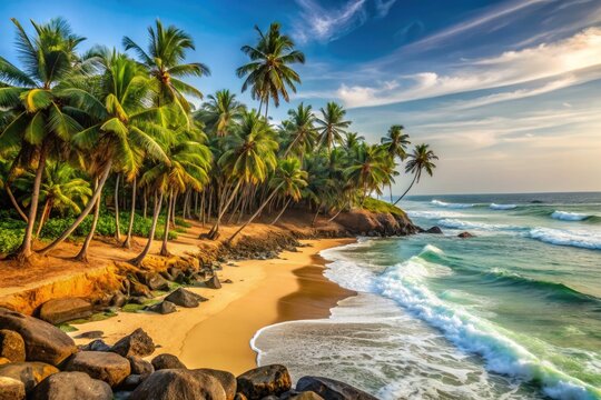 Serenene tropical coastline of Kappil Beach in Kerala, India, with swaying palm trees, golden sand, and majestic waves crashing against the rocky shoreline.