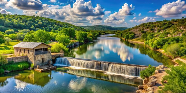 Serenene Texas Hill Country landscape featuring the Llano River Dam's calm waters, lush greenery, and rustic stone structure surrounded by rolling hills and blue skies.