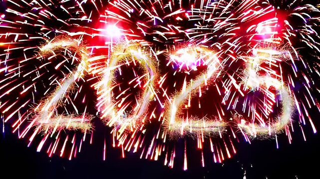 2025 bright numbers with a splash of Bengal lights on a light grey background. Suitable for Christmas greetings and backgrounds for festive materials, creating a festive and wintry atmosphere