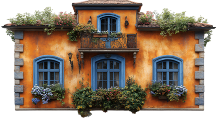 a house with blue windows and plants. 