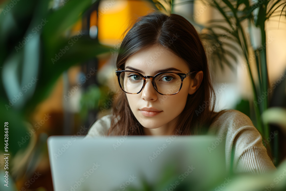 Sticker Young beautiful woman working laptop a modern workspace