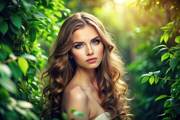 Fototapeta premium Serene Woman With Radiant Skin And Flowing Hair Amidst A Lush Green Backdrop, Exuding Natural Beauty And Tranquility.
