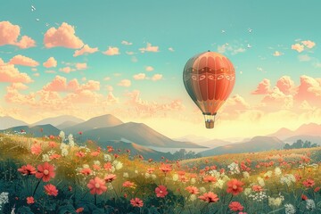 Fototapeta premium A serene landscape featuring a vibrant hot air balloon soaring over colorful flowers and majestic mountains under a clear sky.