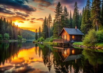 Fototapeta premium Serene wooden cabin nestled among towering trees on a tranquil riverbank at sunset, reflecting peaceful ambiance and warmth in the still water's gentle ripples.