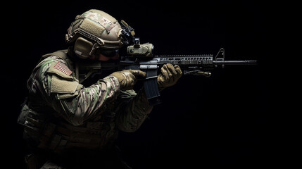 Special forces soldier holding a rifle on a black background. 