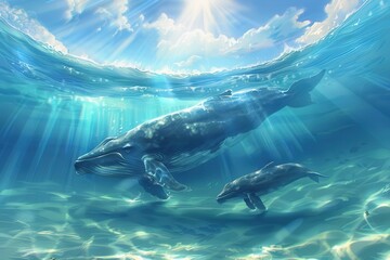 Fototapeta premium A serene underwater scene featuring a whale and its calf swimming gracefully in crystal clear water with sun rays above.