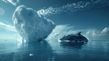 Obraz premium A serene underwater scene featuring a whale beside a massive iceberg, showcasing the beauty of marine life and icy landscapes.