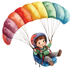 cute kid playing Paragliding watercolor clipart