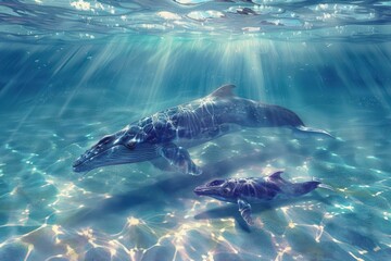 Fototapeta premium A serene underwater scene showcasing a large whale and its calf swimming gracefully in crystal-clear blue water.