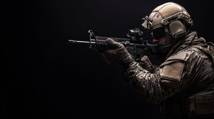 Special forces soldier holding a rifle on a black background. 