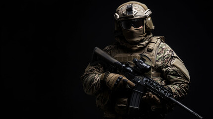 Special forces soldier holding a rifle on a black background. 