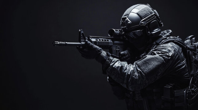 Special forces soldier holding a rifle on a black background. 