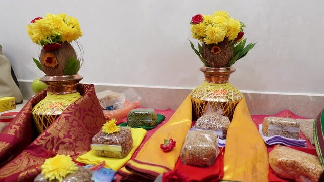 Bangalore, India 8th August 2024: Graha Pravesh. Grah or Gruh Pravesh is a Hindu ceremony performed on the occasion of an individual's first time entering their new home. Hindu Hawan pooja Rituals.