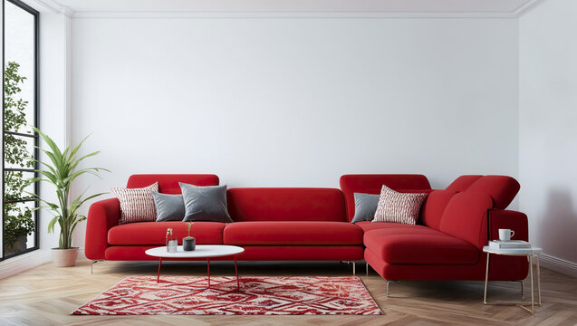 Red couch on a bright white living room, Red couch on white wall background, Beautiful white living room with a red sofa