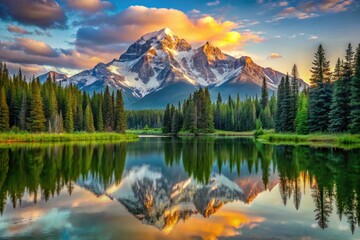 Snow-capped Bridger Mountain rises majestically above a serene valley, surrounded by lush forests and reflected in a still mountain lake at dawn.