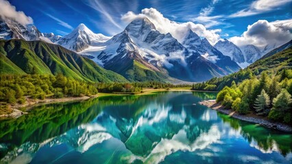 Snow-capped Gongga Mountain towers above lush green forests and serene lakes, majestic peaks shrouded in mist, in the heart of the Chinese Himalayas.