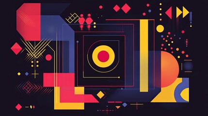 Obraz premium Abstract Geometric Composition with Red, Yellow, and Blue Shapes on a Black Background